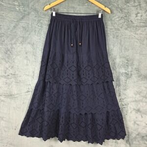 Womens Skirt Medium Blue Eyelet Cottagecore Maxi Tiered Flowy Boho Broomstick